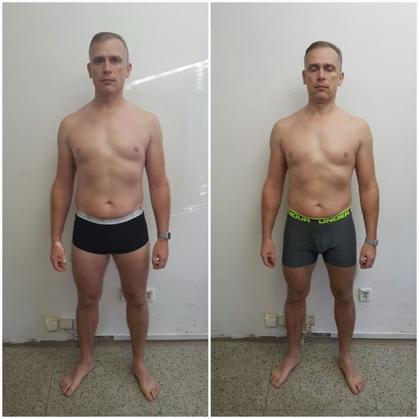 A member before and after: leaner, and standing differently