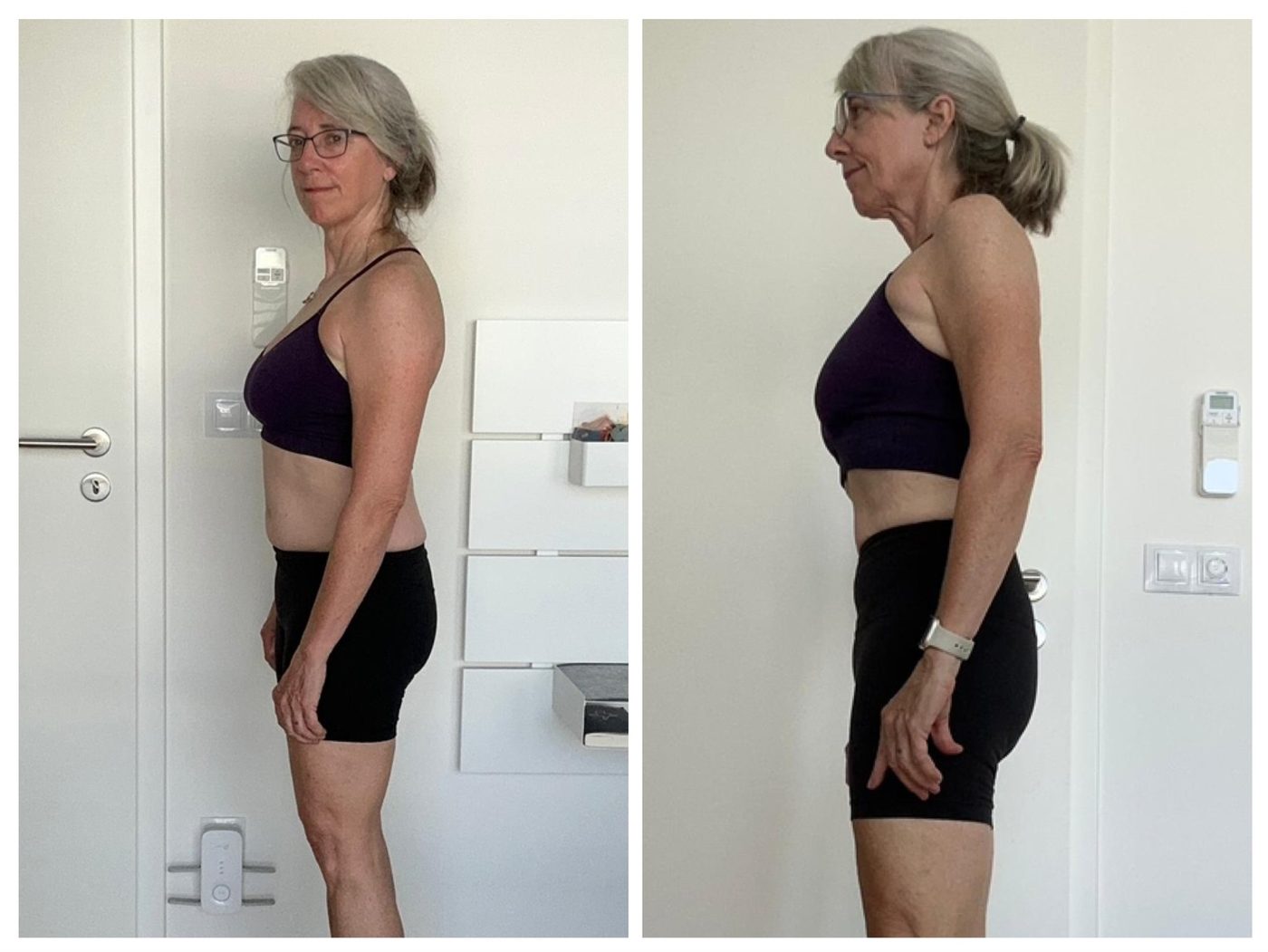 Before and after, side view: a member in her sixties, leaner and standing taller