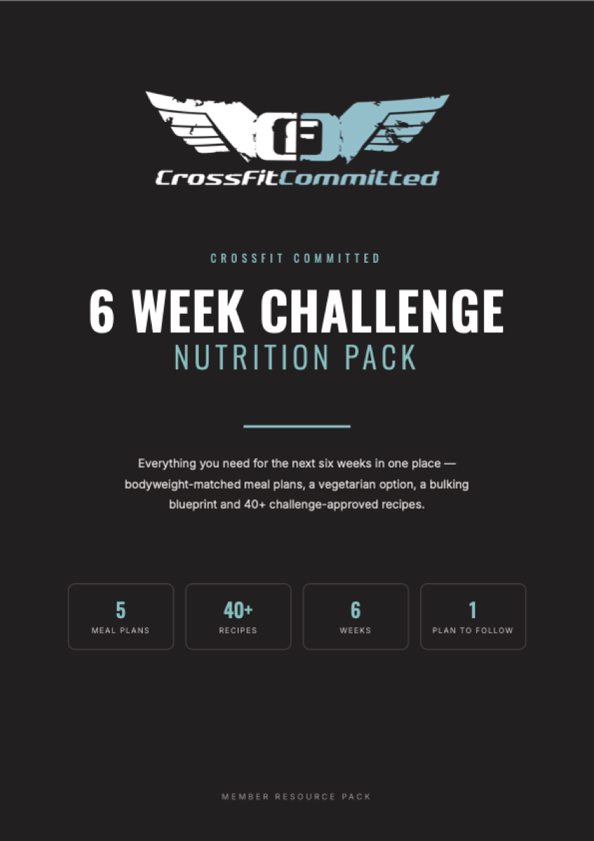 Cover of the 6 Week Challenge Nutrition Pack: five meal plans, 40+ recipes, six weeks, one plan to follow