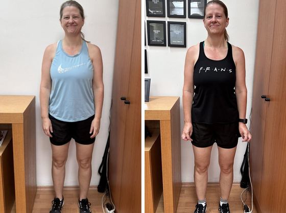 Before and after, front view: a member in her forties, visibly leaner in nine weeks