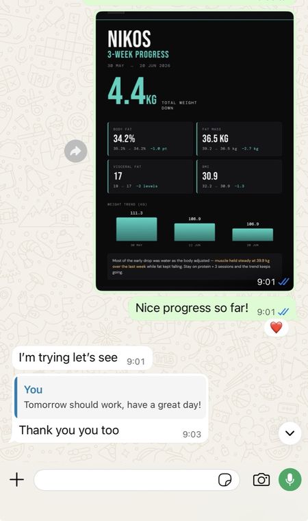 Group chat: member 4.4 kg down in the first 3 weeks of the program